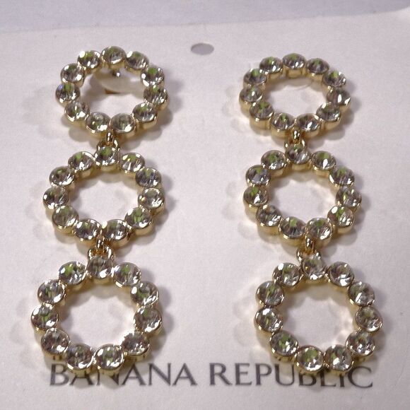 Banana Republic Gold Bold Triple Circles Crystal Link Drop Earrings NWT 48.00 - Picture 1 of 7